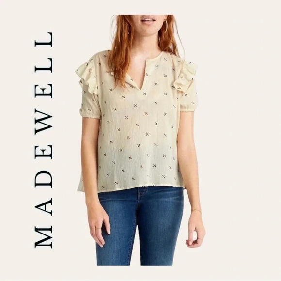 0458W. MADEWELL SHORT SLEEVE BLOUSE WITH EMBROIDERY‎ CREAM IN COLOR RUFFLES - Picture 1 of 10
